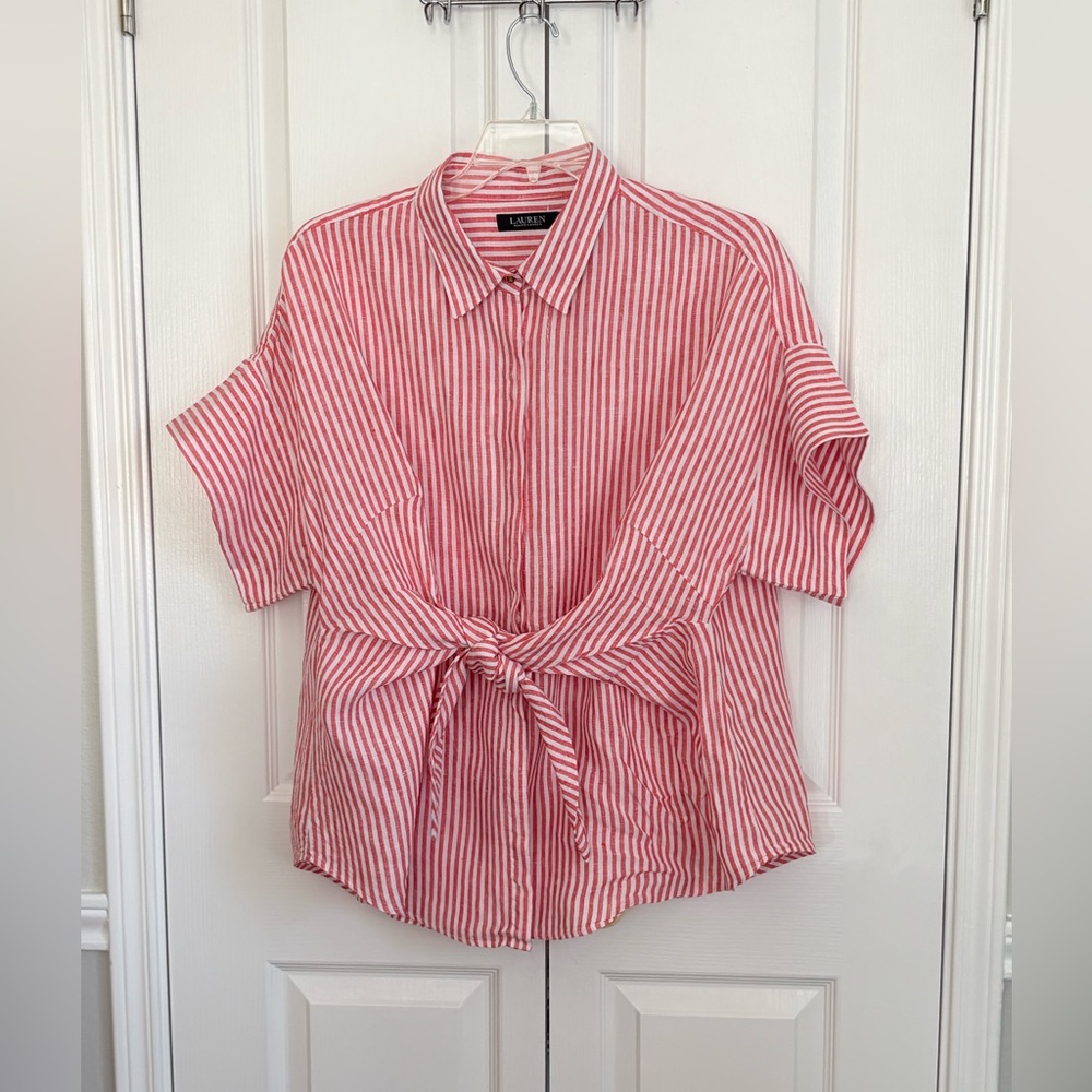 Lauren Ralph Lauren Red and White Striped Button-Up Blouse - Picture 2 of 7